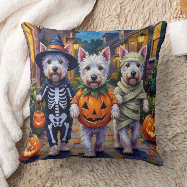 West Highland White Terrier In Halloween Costumes Throw Pillow (Blanket)