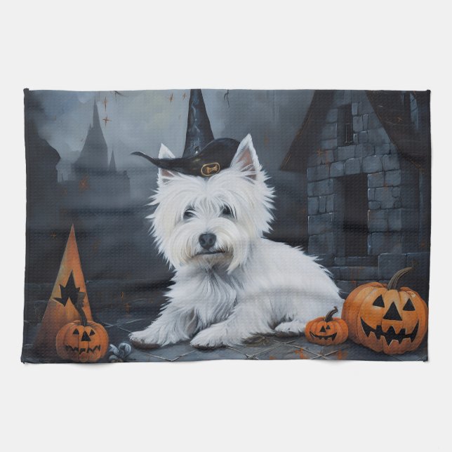 West Highland White Terrier Pumpkin Halloween  Kitchen Towel (Horizontal)