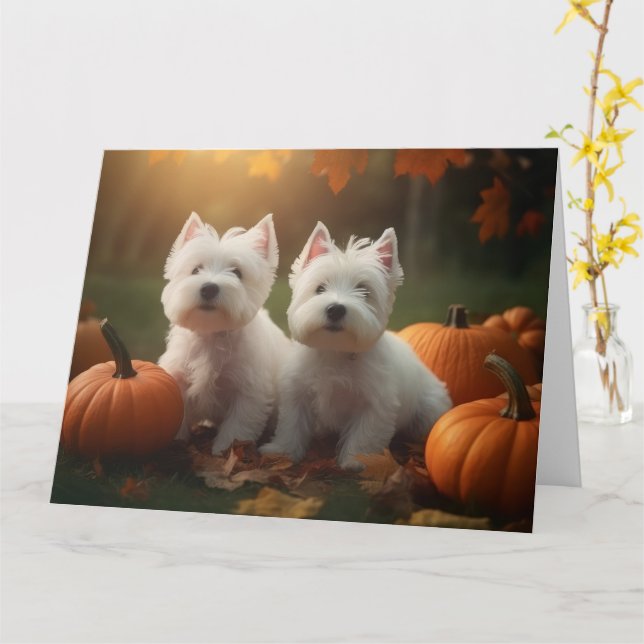 West Highland White Terrier Puppy Autumn Pumpkin Card (Yellow Flower)