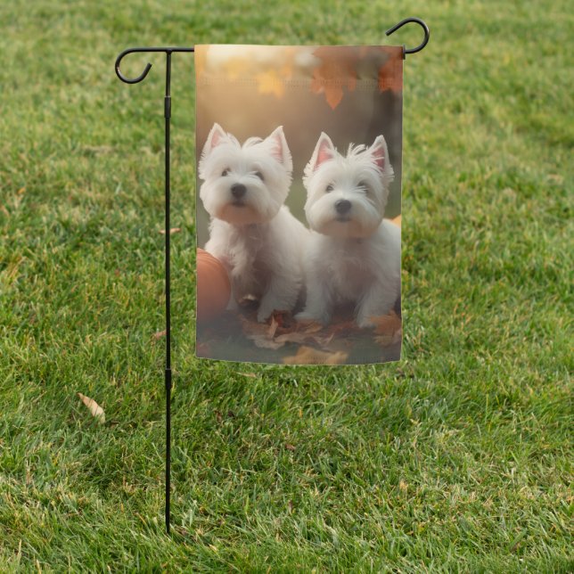 West Highland White Terrier Puppy Autumn Pumpkin Garden Flag (In SItu)