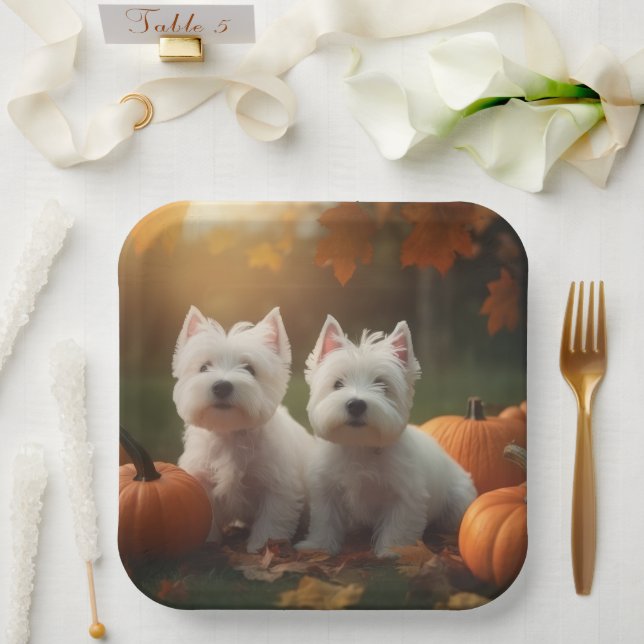 West Highland White Terrier Puppy Autumn Pumpkin Paper Plates (Wedding)