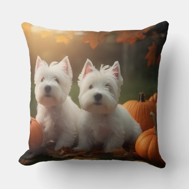 West Highland White Terrier Puppy Autumn Pumpkin Throw Pillow (Front)