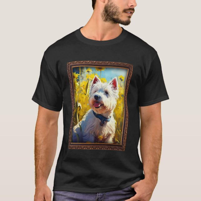 West Highland White Terrier Westie Painting Sunflo T-Shirt (Front)