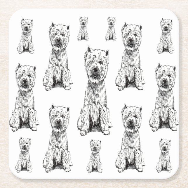 WEST HIGHLAND WHITE TERRIER. "WESTY" PATTERN SQUARE PAPER COASTER (Front)