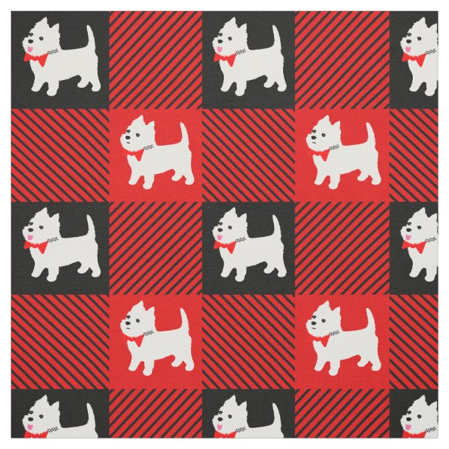 West Highland White Terriers Westie Puppy Plaid Fabric (Swatch)
