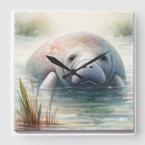 West Indian Manatee in Watercolor REF16 _ Watercol Square Wall Clock