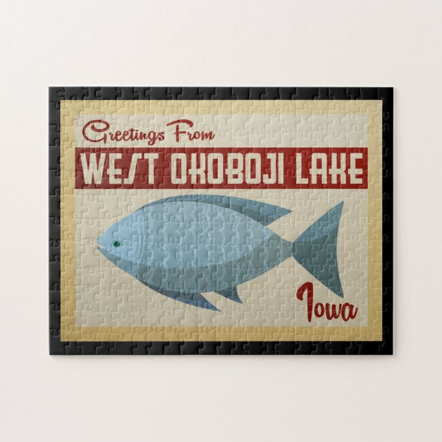 West Okoboji Lake Fish Vintage Travel Jigsaw Puzzle (Horizontal)