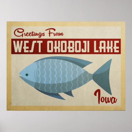 West Okoboji Lake Fish Vintage Travel Poster