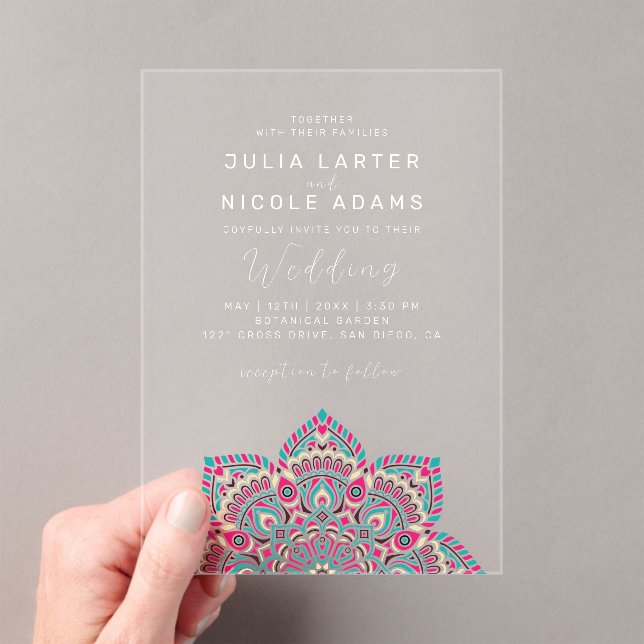 West Pacific Variant Oval Classic Mandala Wedding Acrylic Invitations (Insitu (Handheld))