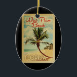 West Palm Beach Palm Tree Vintage Travel Ceramic Ornament<br><div class="desc">A uniquely retro mid-century modern West Palm Beach Florida art print in vintage travel poster style. It features a curved palm tree on sandy beach with ocean under a blue cloudy sky.</div>