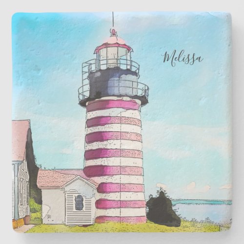 West Quoddy Light Lubec Maine Lighthouse Stone Coaster