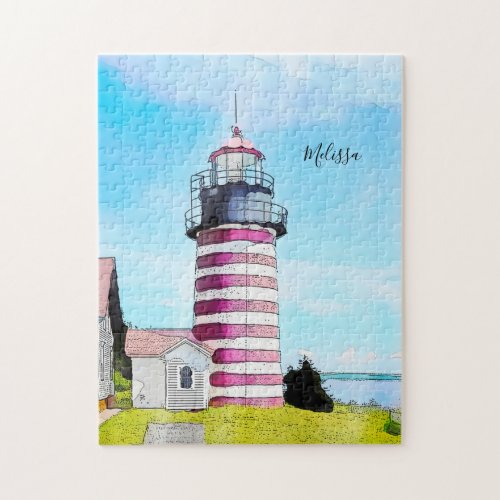 West Quoddy Lubec Maine Lighthouse Watercolor Jigsaw Puzzle