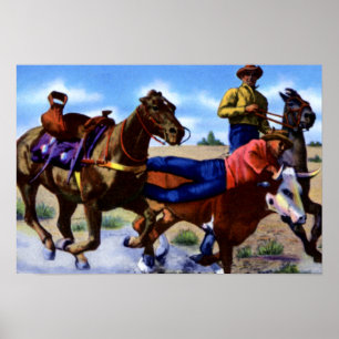 West Texas Bull Dogging Hereford Steer Poster