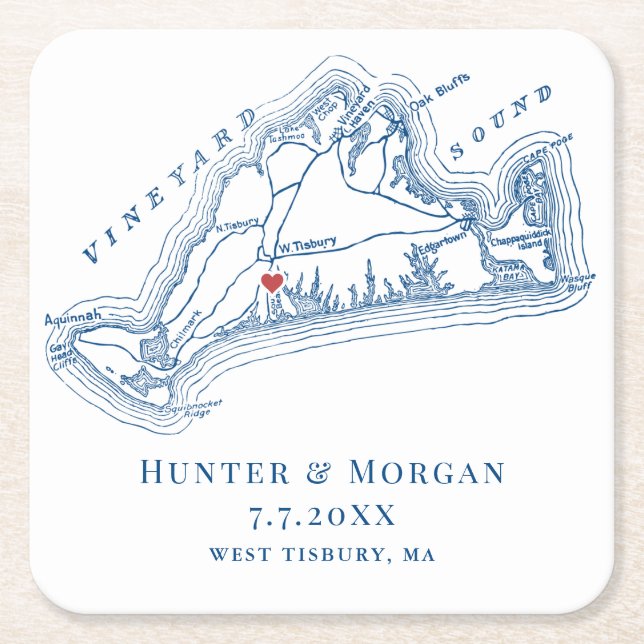 West Tisbury Map Blue Wedding Favor Square Paper Coaster (Front)