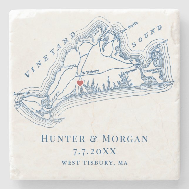 West Tisbury Map Blue Wedding Keepsake Favor Stone Coaster (Front)