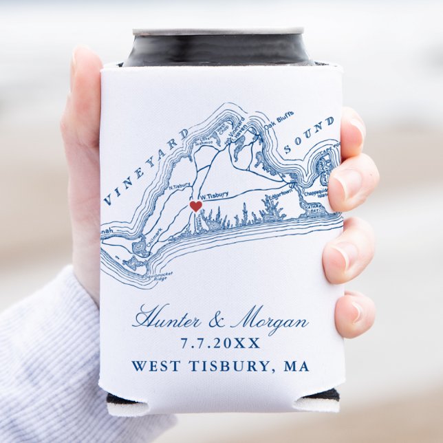 West Tisbury Map Elegant Navy Blue Wedding Favor Can Cooler (West Tisbury Martha's Vineyard Wedding favor can coozie in elegant navy blue by Coastal Map Designs)