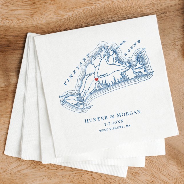 West Tisbury Map Elegant Navy Blue Wedding Napkins (West Tisbury Martha's Vineyard Map Wedding Napkin in Elegant Navy Blue by Coastal Map Designs)