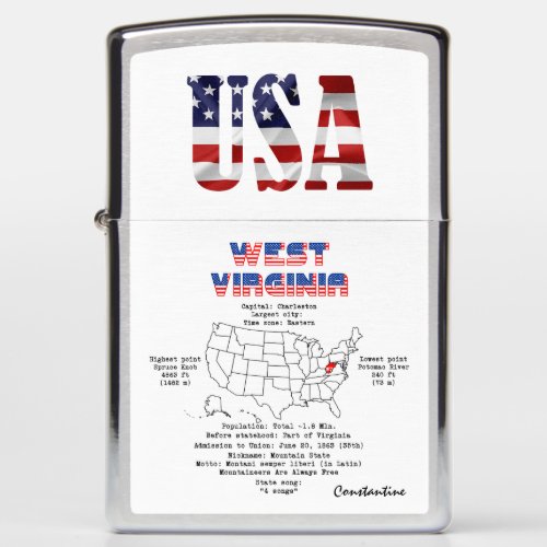West Virginia American state on a map Zippo Lighter