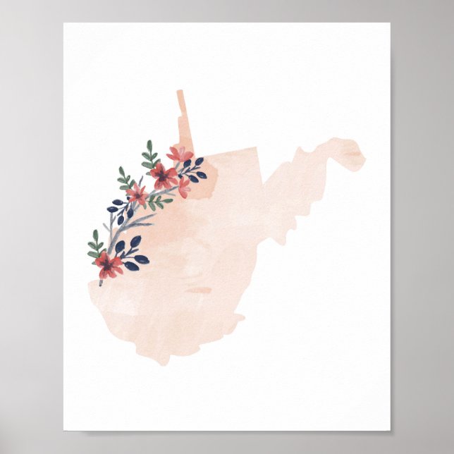 West Virginia Floral Watercolor State Poster (Front)