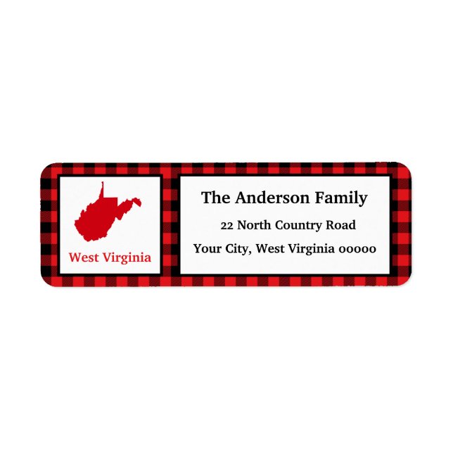 West Virginia Map Buffalo Plaid Return Address Label (Front)