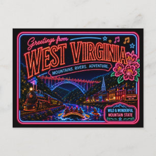 West Virginia Neon State Retro Vintage Postcard