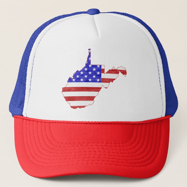 West Virginia Patriotic State Shaped American Flag Trucker Hat (Front)