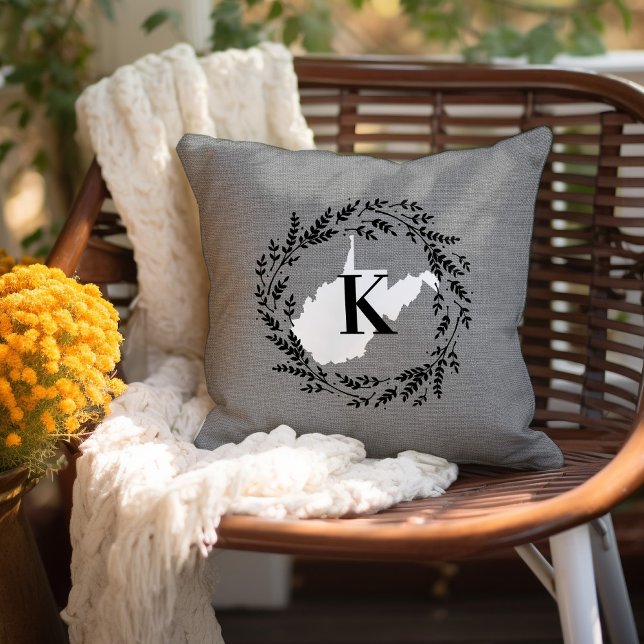 West Virginia Rustic Wreath Monogram Throw Pillow (Creator Uploaded)