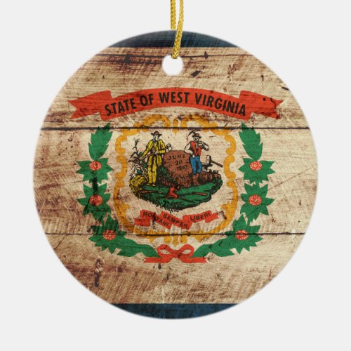 West Virginia State Flag on Old Wood Grain Ceramic Ornament