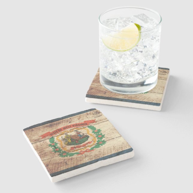 West Virginia State Flag on Old Wood Grain Stone Coaster (Side)