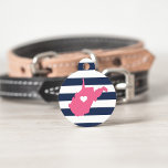 West Virginia State Heart Pet ID Tag<br><div class="desc">Let your furry friend show some home state pride with this cute West Virginia pet ID tag. Design features a white silhouette map of the state of West Virginia in pink with a white heart inside, on a preppy navy blue and white stripe background. Add your pet's name and contact...</div>