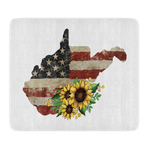 West Virginia State Map US Flag Sunflower Glass Cutting Board