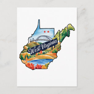West Virginia USA State Shaped Vintage Watercolor Postcard