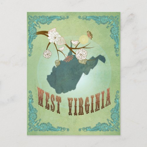 West Virginia Vintage State Map  Green Postcard