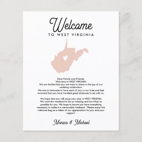 WEST VIRGINIA Welcome  Letter Itinerary ANY COLOR