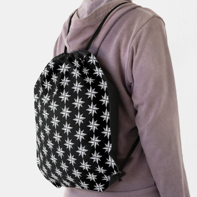 West Wind Postcards White Logo Compass Pattern Drawstring Bag (Insitu)