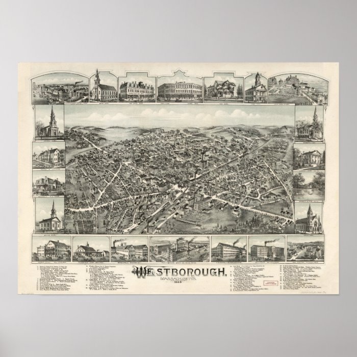 Westborough Mass. 1888 Antique Panoramic Map Posters