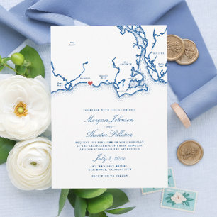 Westbrook CT Map Elegant Navy Blue Wedding Invitation