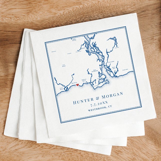 Westbrook CT Map Elegant Navy Blue Wedding Napkins (Westbrook CT Map Wedding Napkins for a Waters Edge Resort destination wedding in navy blue)