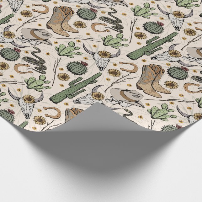 Western Americana Laughing Cowboy Skull and Cactus Wrapping Paper (Corner)