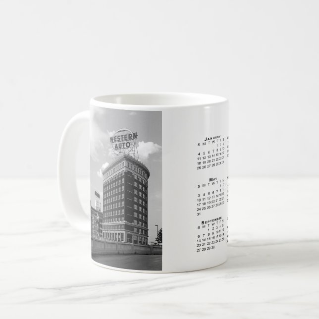 Western Auto Curved Building 2026 Calendar Coffee Mug (Front Left)