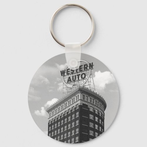 Western Auto Sign Black  White Architecture Photo Keychain