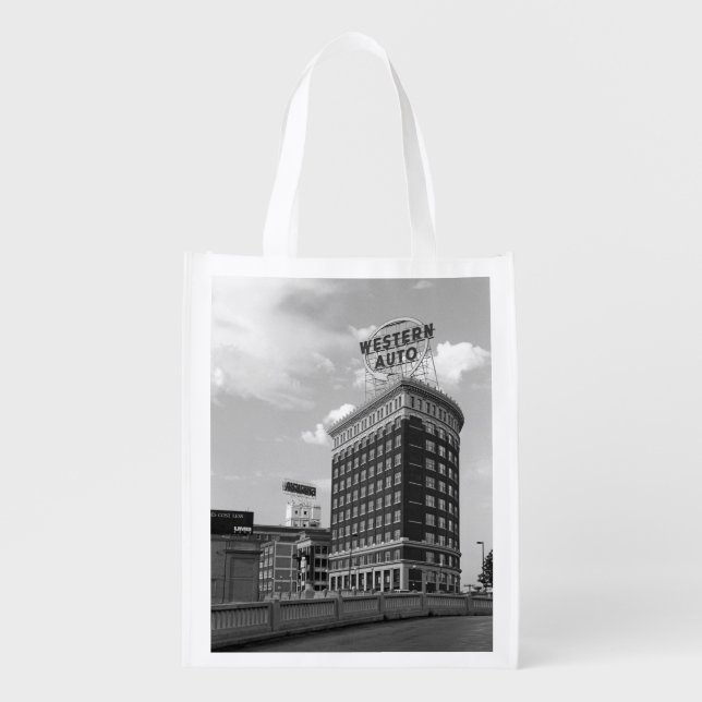 Western Auto Sign Black & White Architecture Photo Reusable Grocery Bag (Front)