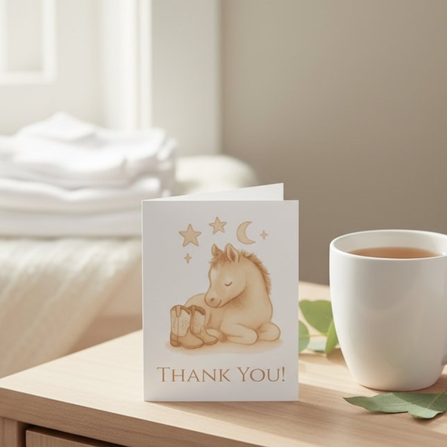Western Baby Shower Thank You Card (Soft cowboy baby boots and foal thank you card)