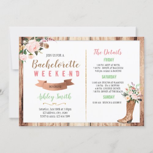 Western bachelorette with Itinerary invitation