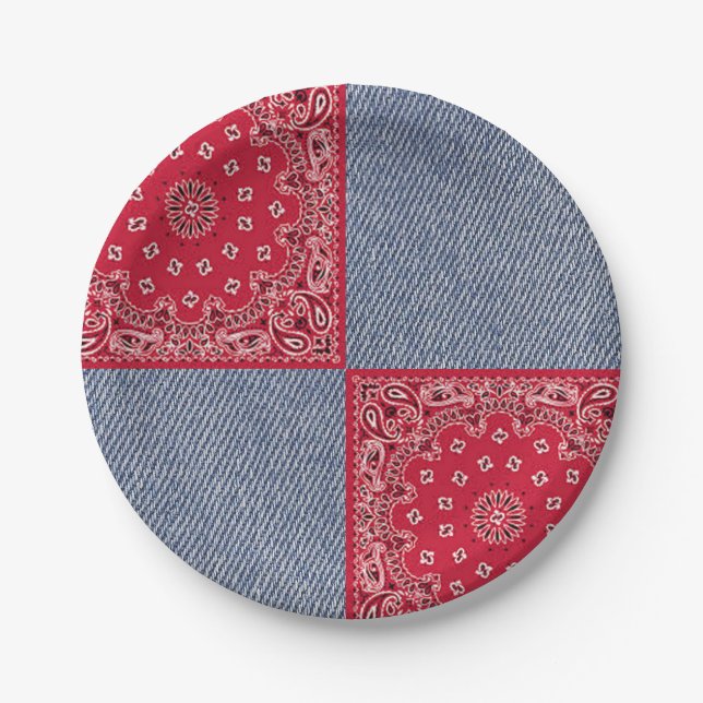 Western Bandana And Blue Jean Print Paper Plates (Front)