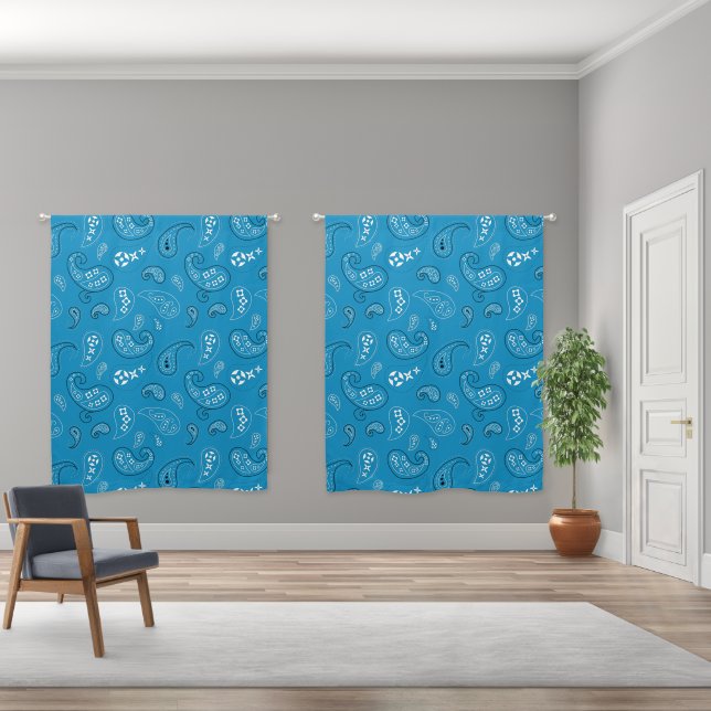 Western Bandana Paisley Pattern Bright Blue Blackout Curtains (Wide)