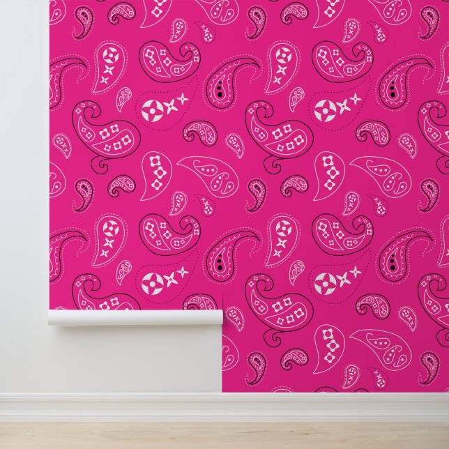 Western Bandana Paisley Pattern Bright Pink Wallpaper (Application)