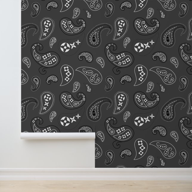 Western Bandana Paisley Pattern Charcoal Gray Wallpaper (Application)