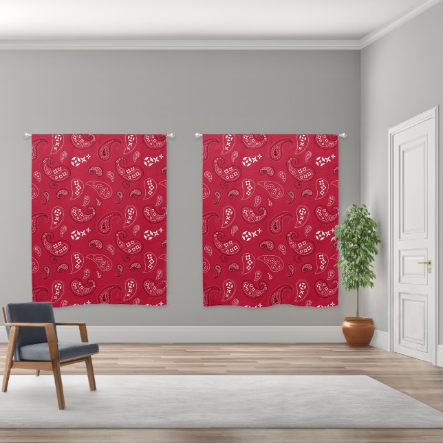 Western Bandana Paisley Pattern in Red Blackout Curtains (Wide)