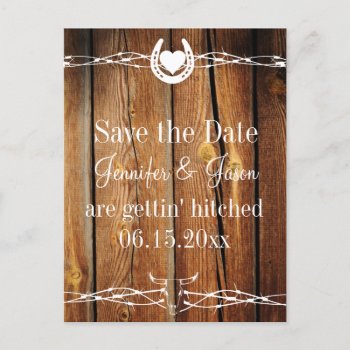 Western Barbed Wire Wood Save The Date Postcards by RusticCountryWedding at Zazzle